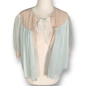 Vintage 1950s Snowdon Mint Lace Bed Jacket Capelet Sheer Puff Sleeve Romantic